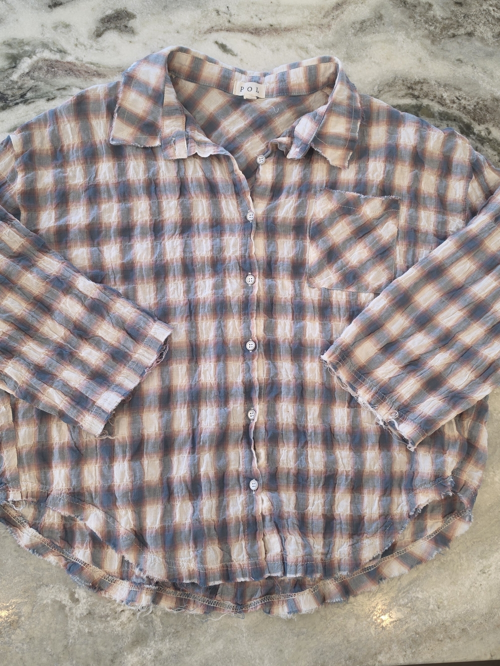 POL Plaid Button-Up Shirt in Blue and Brown